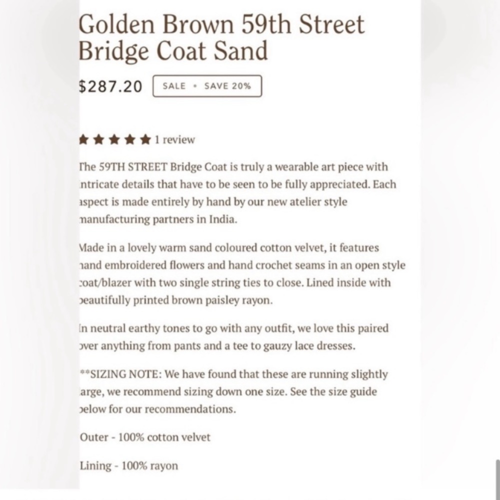 NWT Golden Brown the Label Sand Velvet Jacket, Small - Picture 7 of 16